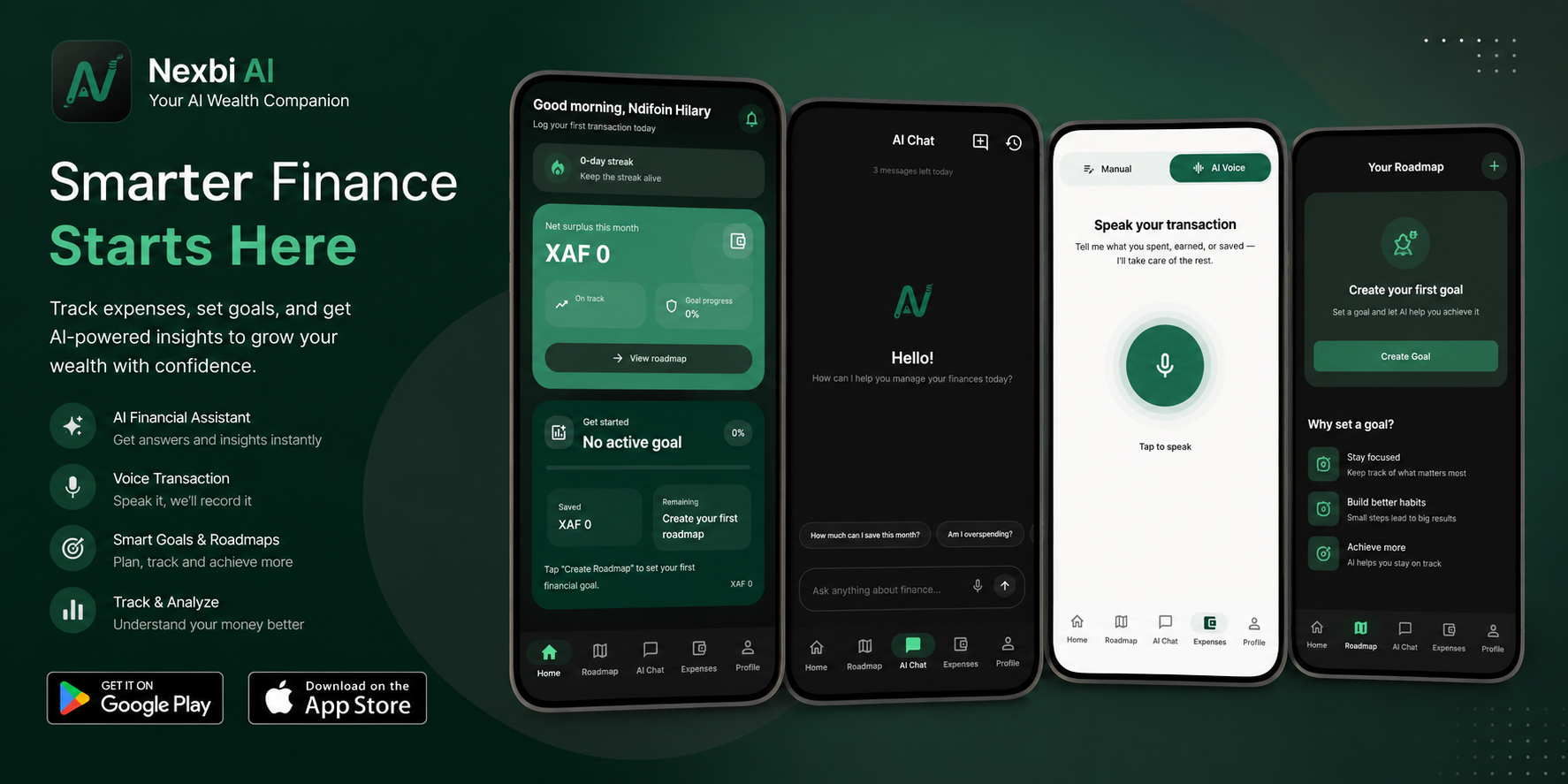 Nexbi AI — home dashboard, AI chat assistant, voice transaction input, and financial roadmap shown across four app screens